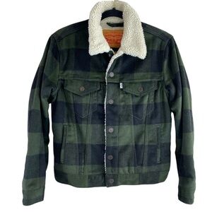 Levi’s Men’s Blue Green Buffalo Check Plaid Sherpa-Lined Snap Front Jacket XS